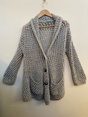 UCoB Alpaca Wool Cardigan Grey Chunky Knit Open Weave Boho Pockets Sweater